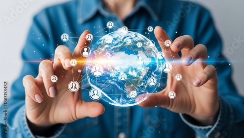 Man holding digital globe with icons.