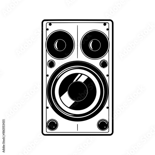 Stylized black and white studio monitor or speaker with different sized drivers. Detailed drawing in comic book style. Vector illustration.