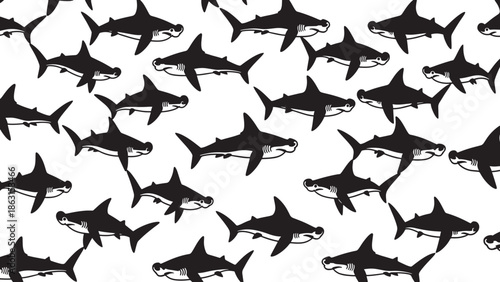 Collection of swimming shark silhouettes in various poses