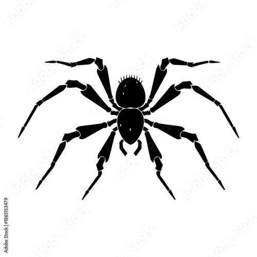 Detailed black silhouette of a spider with hairy legs. Pictogram of nature, danger, or Halloween. Vector illustration.