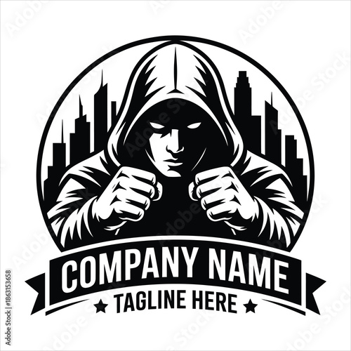 A mysterious hooded figure with powerful clenched fists stands ready before a city skyline