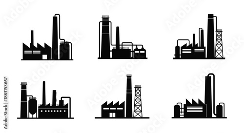 Set of six black and white silhouettes of heavy industrial factories and power plants with towers and smoking pipes.