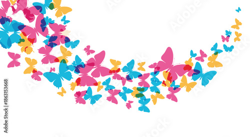 Swarm of colorful overlapping butterfly silhouettes flying in a graceful arc for nature beauty and freedom concepts.