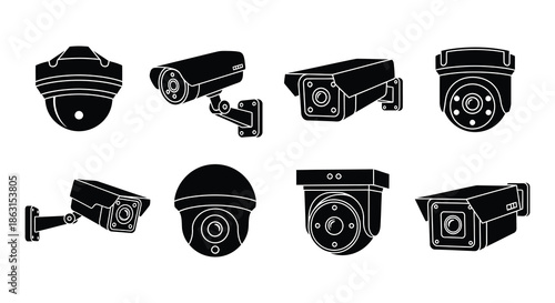 Collection of security surveillance cameras in various shapes and designs