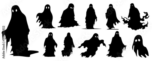 A set of various black ghost silhouettes. Pictogram of Halloween, horror, or mysticism. Vector illustration.