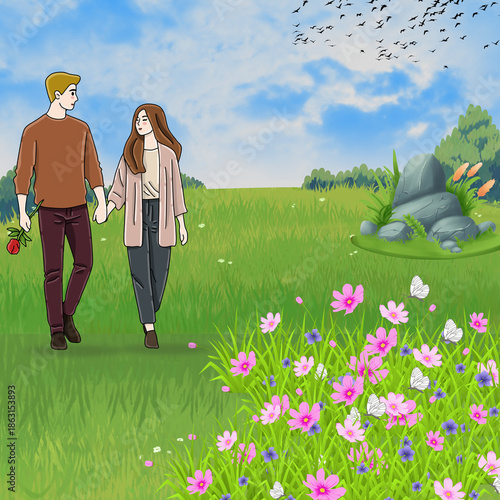 Couple walking through flowery meadow
