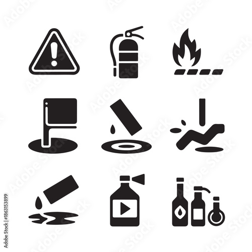 Collection of hazard vector illustration representing various types of dangerous materials and risky situations for safety awareness with alert fire spill and warning signs