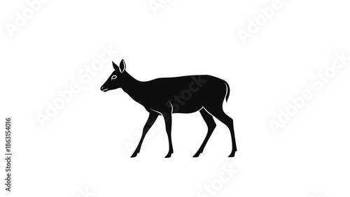 Elegant Black Silhouette of a Doe Walking Gracefully on White Background