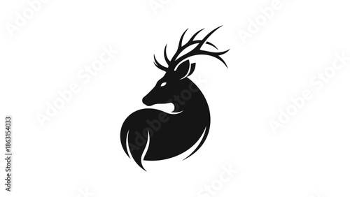 Elegant Black Deer Silhouette Logo Design with Majestic Antlers, Isolated on White
