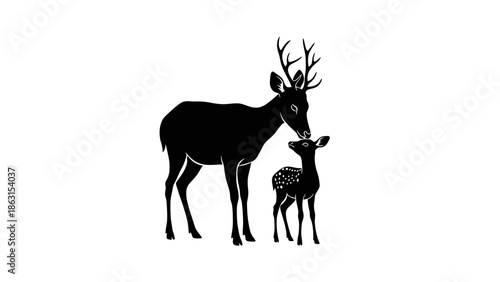 Deer Mother and Fawn Silhouette: Tender Moment of Parental Love and Protection, Wildlife Art