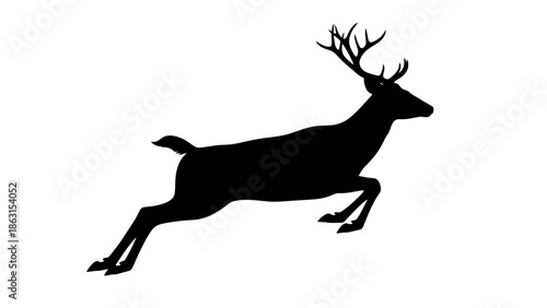 Silhouette of a majestic stag leaping against a white background, captured mid-motion