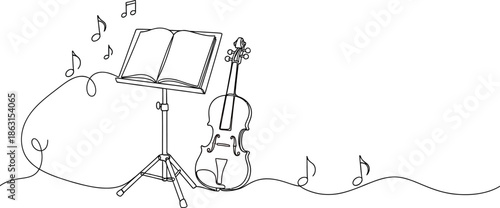 Continuous line art illustration of a classical violin, open music stand, and flowing musical notes, symbolizing the creative rhythm of music, harmony, and artistic expression