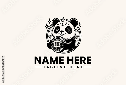 A black and white illustration of a panda holding a bitcoin logo with a circular design and text placeholder for 'NAME HERE' and 'TAGLINE HERE' on a plain background.