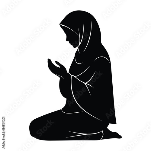 Silhouette of a muslim woman praying with her hands raised in supplication