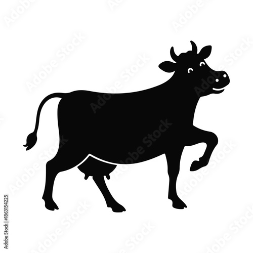 Black silhouette of a happy cow with one leg raised