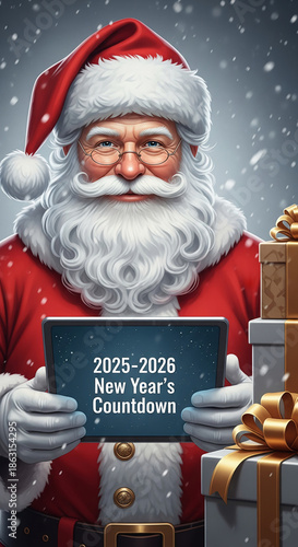 Santa holding a digital tablet with a New Year's Countdown message surrounded by gifts, representing festive celebration and anticipation