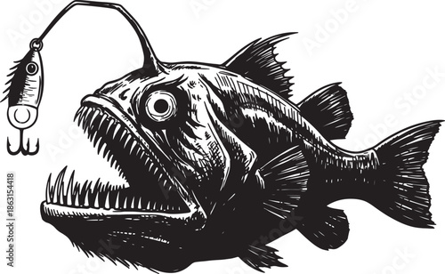 Large predatory fish hooked on fishing lure isolated on transparent background