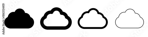 A set of four cloud pictograms: solid black silhouette, black outline with bold stroke, and simple thin outline. Stylized symbols of weather or cloud storage. Vector illustration.