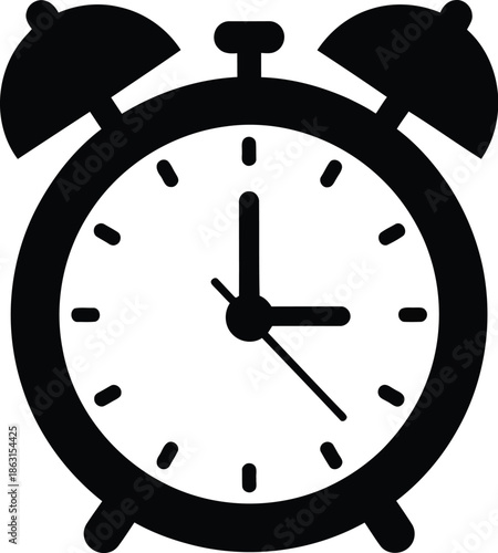 Black silhouette icon of a vintage alarm clock symbolizing time and waking up