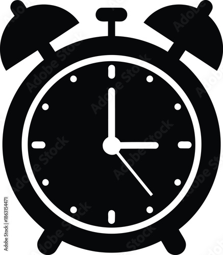 A black and white vector icon of a classic twin-bell alarm clock, symbolizing urgency and time management