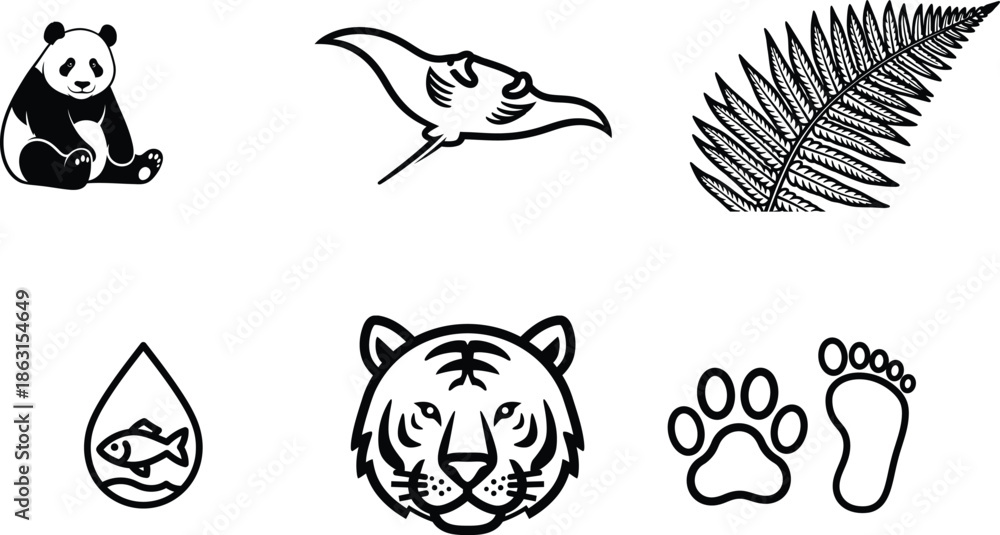 Fototapeta premium black and white animal icons with leaves and footprints