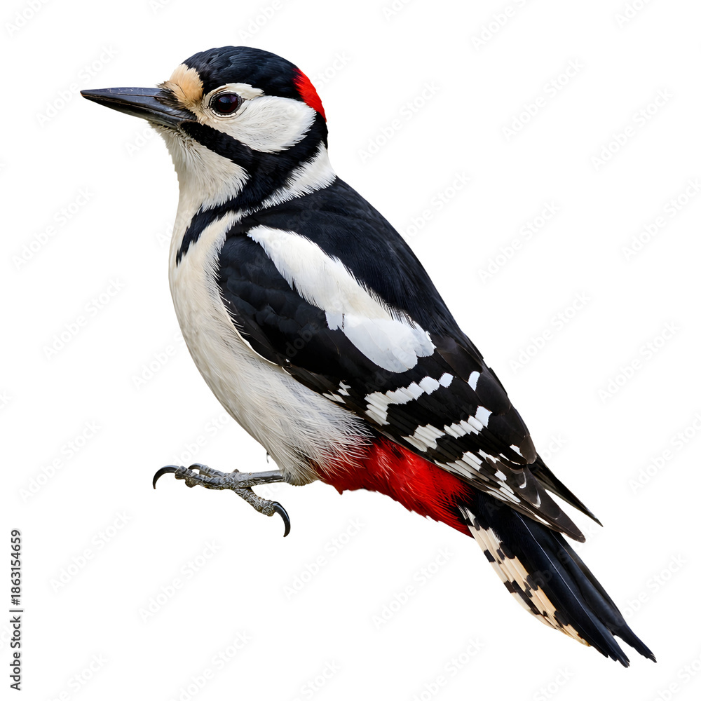 Obraz premium Close-up of Great Spotted Woodpecker Isolated on White