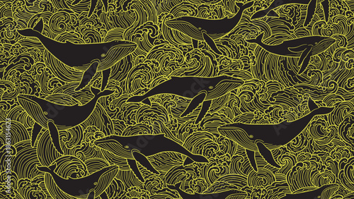 Seamless pattern of golden koi fish swimming in waves