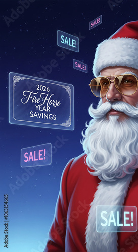 Illustration of Santa Claus with sunglasses surrounded by 