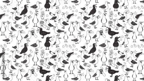 Seamless pattern of hand drawn flying geese and ducks in black and white