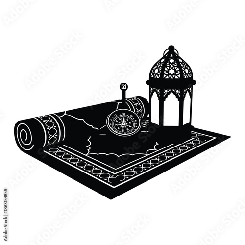 Islamic prayer mat with compass and lantern