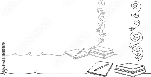 Stylized illustration of books and pencils on a white background with decorative swirls