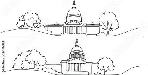 Minimalist continuous line art illustration showcasing a majestic classical domed building, emblematic of government or civic architecture, elegantly set within a tranquil park landscape