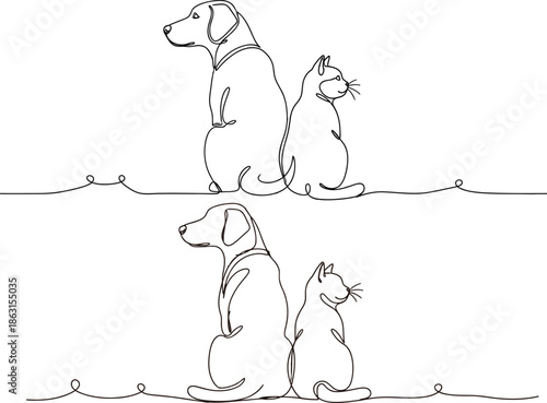 Minimalist continuous line art illustration of a dog and a cat sitting back-to-back, symbolizing unique pet friendship and companionship in a harmonious, simple style