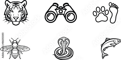 Black and white animal icons with tiger head bee fish snake binoculars paw