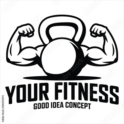 Bold black and white logo showing a kettlebell with strong flexing human arms and fitness text