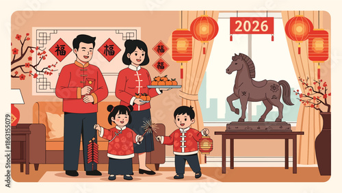 Modern vector illustration of Chinese New Year 2026 family reunion at home with friendly horse zodiac, lantern decorations, warm festive atmosphere, and joyful Lunar New Year celebration scene