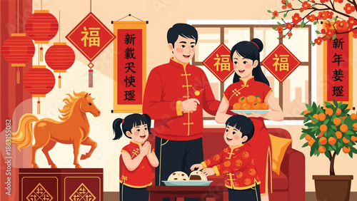 Modern vector illustration of Chinese New Year 2026 family reunion at home with friendly horse zodiac, lantern decorations, warm festive atmosphere, and joyful Lunar New Year celebration scene