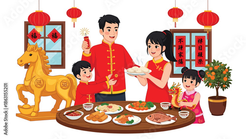 Modern vector illustration of Chinese New Year 2026 family reunion at home with friendly horse zodiac, lantern decorations, warm festive atmosphere, and joyful Lunar New Year celebration scene