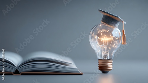 A symbolic image featuring a light bulb wearing a graduation cap next to an open book