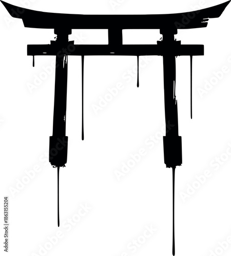 vector illustration of a torii gate with an ink drip effect. minimalist design made entirely with filled shapes, perfect for tattoos, logos, and oriental-inspired art