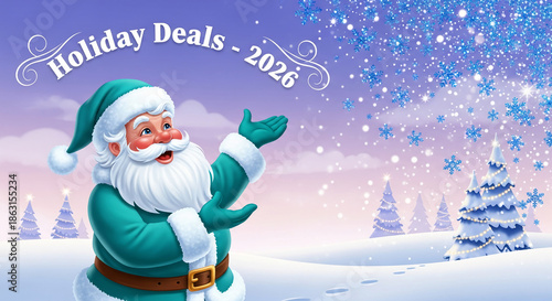 Illustration of Santa with teal garment in snowy landscape with tree, showcasing holiday deals for 2026, symbolizing festive season and promotion