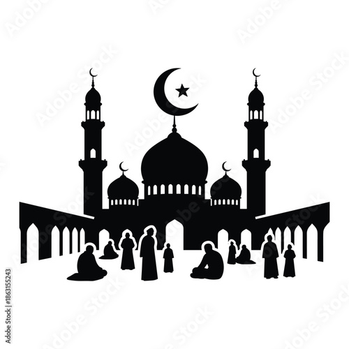 Silhouette of a mosque with worshippers praying during islamic festivities