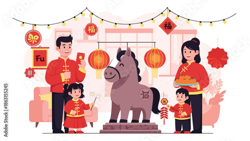 Modern vector illustration of Chinese New Year 2026 family reunion at home with friendly horse zodiac, lantern decorations, warm festive atmosphere, and joyful Lunar New Year celebration scene