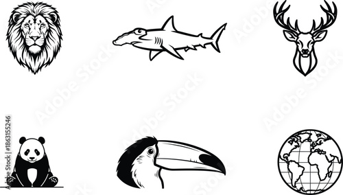 black and white animal icons with lion shark deer panda toucan and earth