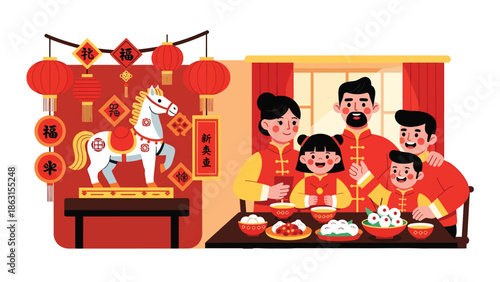 Modern vector illustration of Chinese New Year 2026 family reunion at home with friendly horse zodiac, lantern decorations, warm festive atmosphere, and joyful Lunar New Year celebration scene