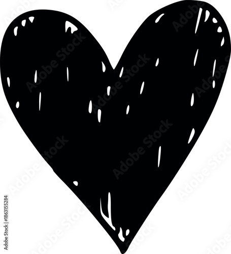 vector illustration of a black color heart with a handmade finish. minimalist design made entirely with filled shapes, perfect for cards, logos, and decoration