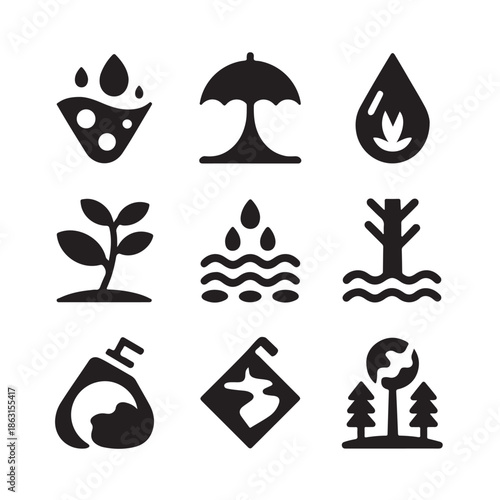 Ecological Icons Set: Depicting Nature Conservation, Environmental Sustainability and Green Initiatives on Transparent Backdrop, Silhouette Art