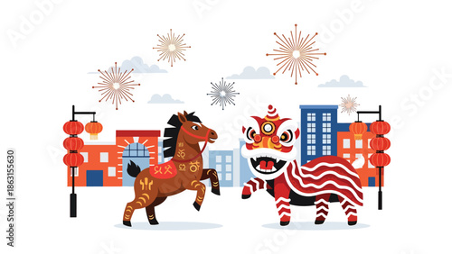 Modern vector illustration of lion dance with friendly horse zodiac dancing together in festive street, Chinese New Year 2026 celebration symbolizing luck, joy, and prosperity