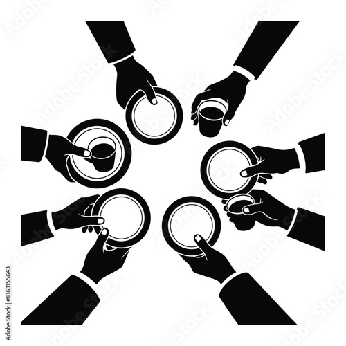 Hands holding plates and cups in a circle