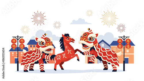 Modern vector illustration of lion dance with friendly horse zodiac dancing together in festive street, Chinese New Year 2026 celebration symbolizing luck, joy, and prosperity